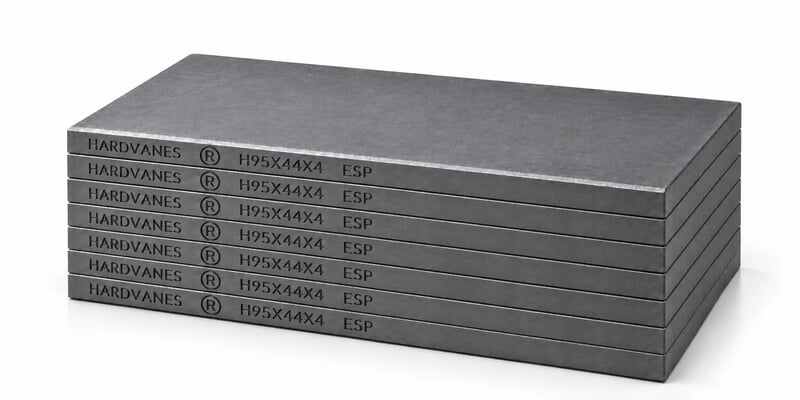 Kit HARDVANES H95444/7 de 7 paletas de carbono-grafito de 95×44×4 mm, apiladas y con grabado lateral sobre fondo blanco.