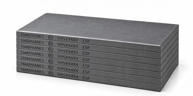 Kit HARDVANES H95444/7 de 7 paletas de carbono-grafito de 95×44×4 mm, apiladas y con grabado lateral sobre fondo blanco.