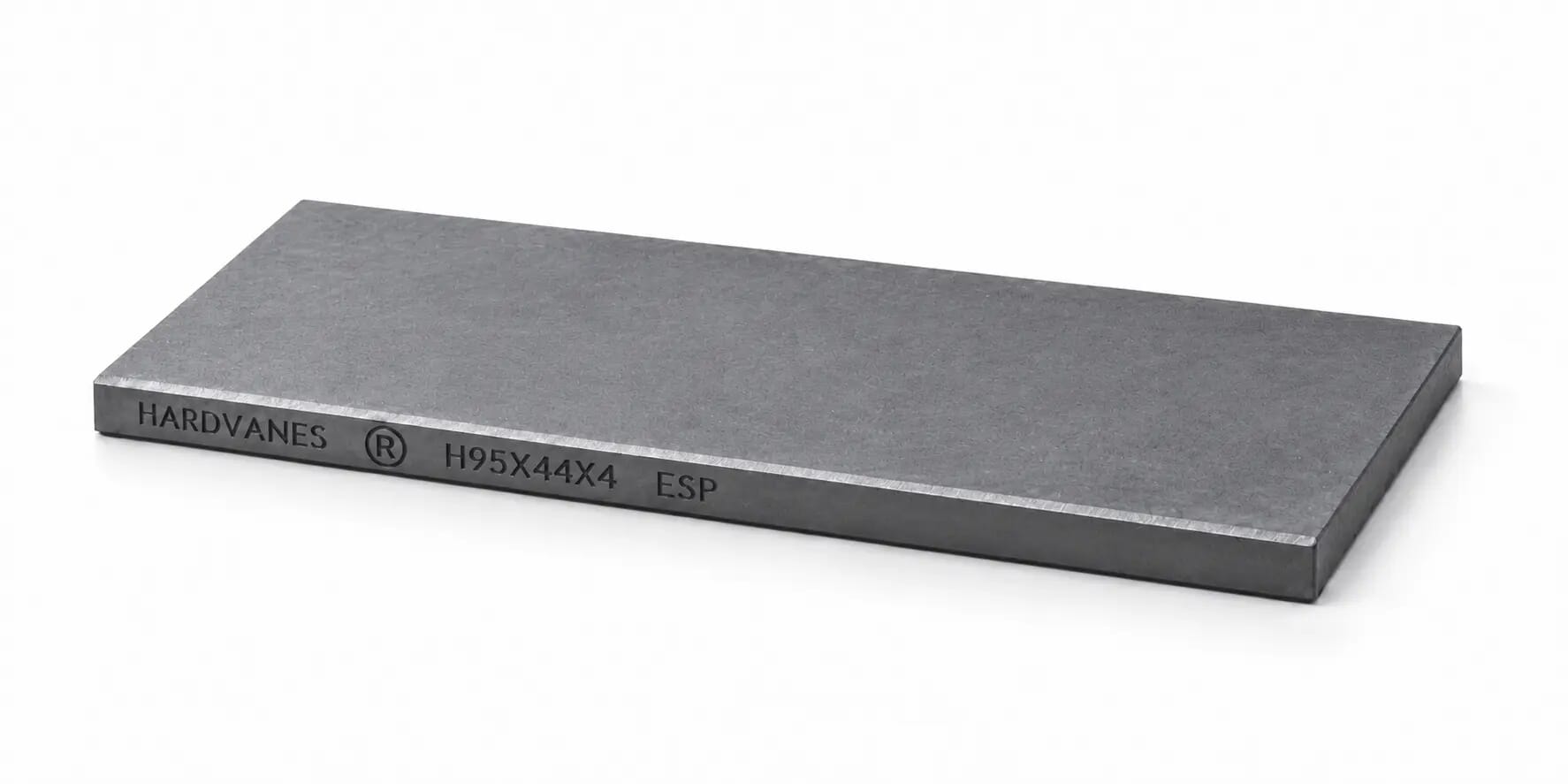 Paleta de carbono-grafito HARDVANES H95X44X4 de 95×44×4 mm, unidad con grabado lateral sobre fondo blanco.