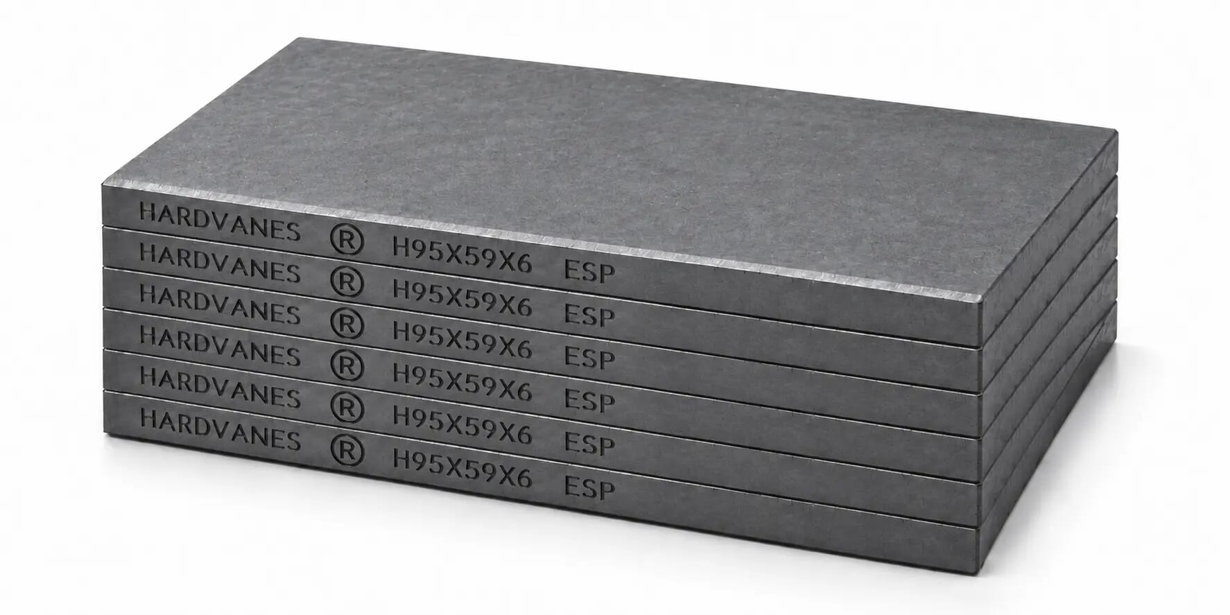 Kit HARDVANES® de 6 paletas idénticas de 95 × 59 × 6 mm, apiladas y alineadas sobre fondo blanco.
