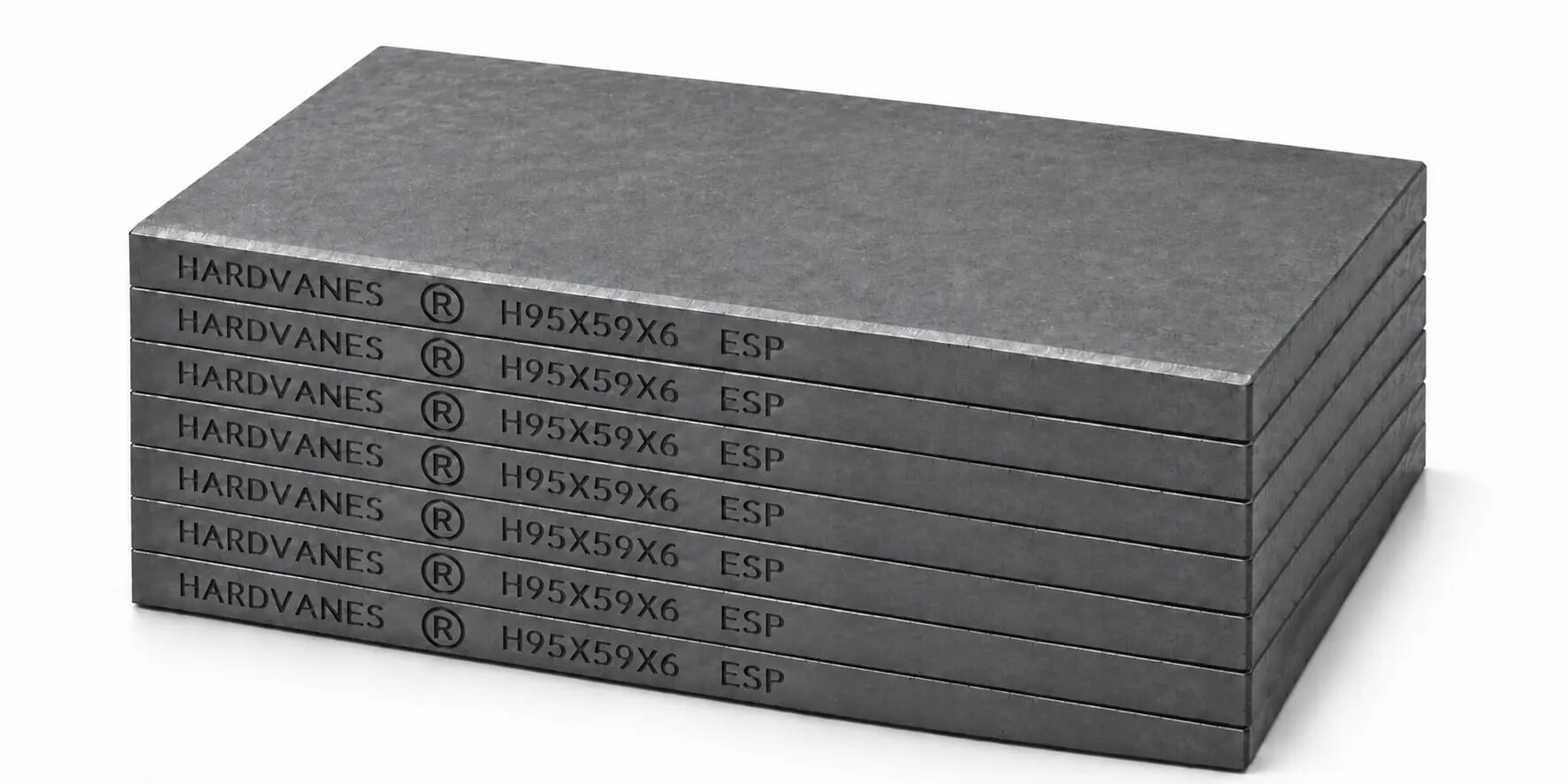 Kit HARDVANES® de 7 paletas idénticas de 95 × 59 × 6 mm, apiladas y alineadas sobre fondo blanco.