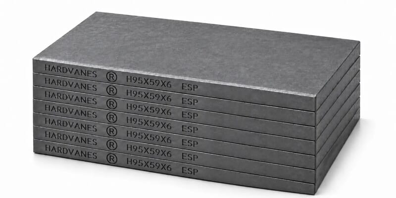 Kit HARDVANES® de 7 paletas idénticas de 95 × 59 × 6 mm, apiladas y alineadas sobre fondo blanco.