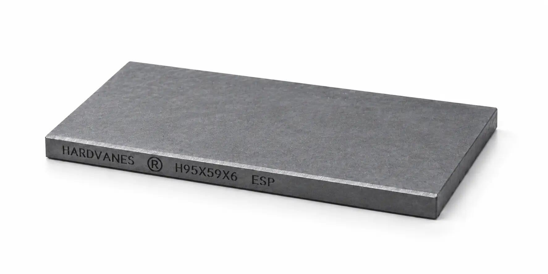 Paleta HARDVANES® de 95 × 59 × 6 mm en grafito mate, grabado en el canto frontal.