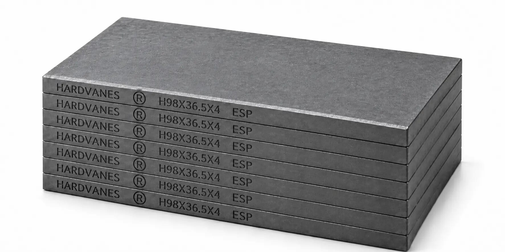Kit HARDVANES® de 7 paletas idénticas de 98 × 36.5 × 4 mm, apiladas y alineadas sobre fondo blanco.