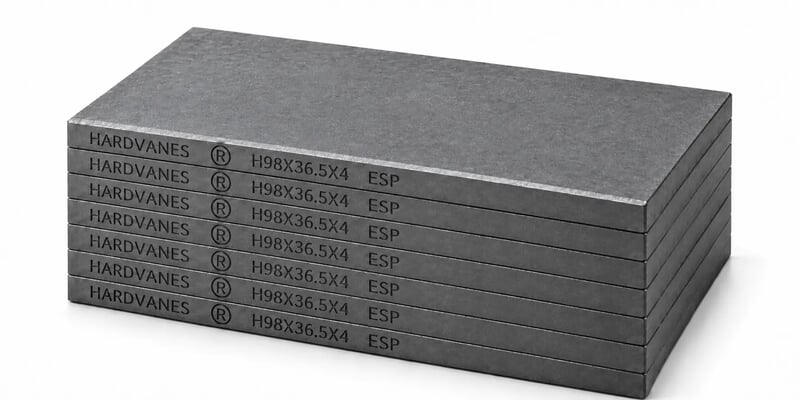 Kit HARDVANES® de 7 paletas idénticas de 98 × 36.5 × 4 mm, apiladas y alineadas sobre fondo blanco.