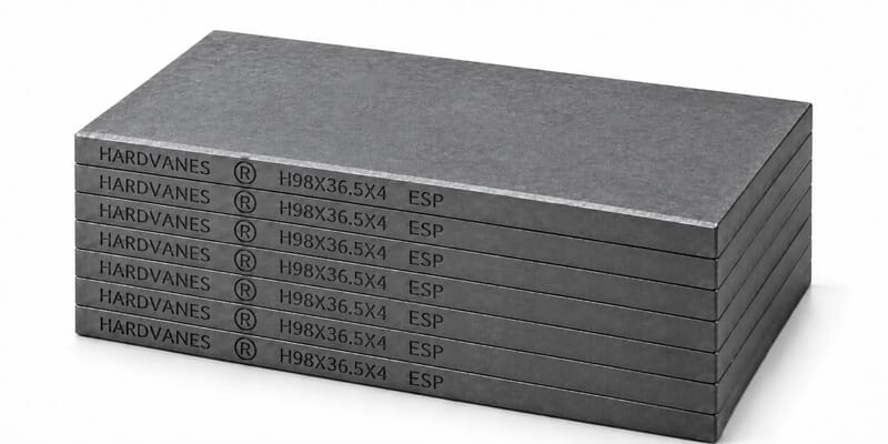 Kit HARDVANES® de 7 paletas idénticas de 98 × 36.5 × 4 mm, apiladas y alineadas sobre fondo blanco.