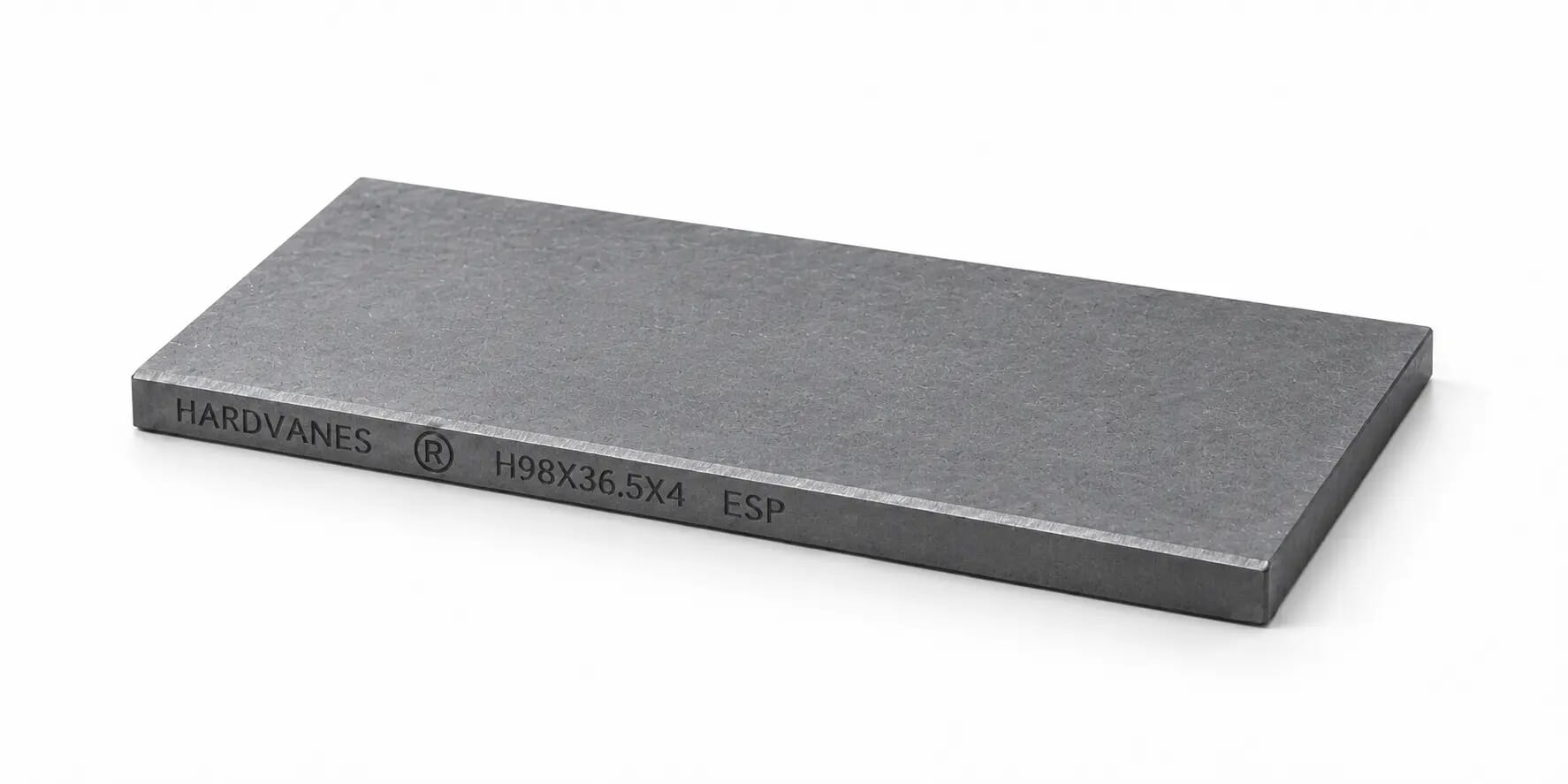 Paleta HARDVANES® de 98 × 36.5 × 4 mm en grafito mate, grabado en el canto frontal.