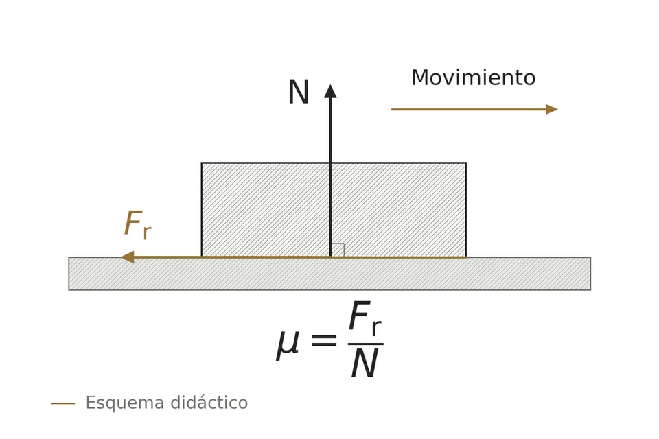 Esquema didáctico de dos superficies: normal perpendicular al contacto, rozamiento contrario al movimiento y relación μ = Fᵣ/N.