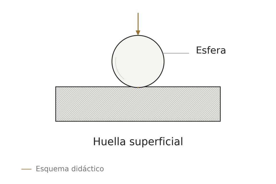Esquema didáctico de contacto esférico con una huella superficial mínima; no se atribuyen diámetro, carga ni profundidad medidos.