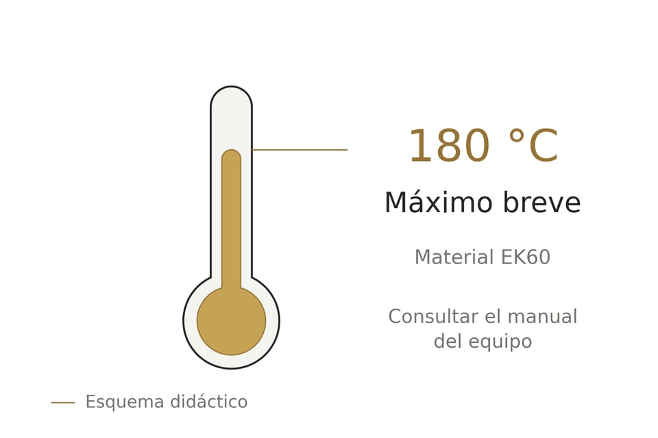 Indicador didáctico con una única marca de 180 °C, máximo breve del material EK60. No muestra un rango operativo continuo de una bomba.