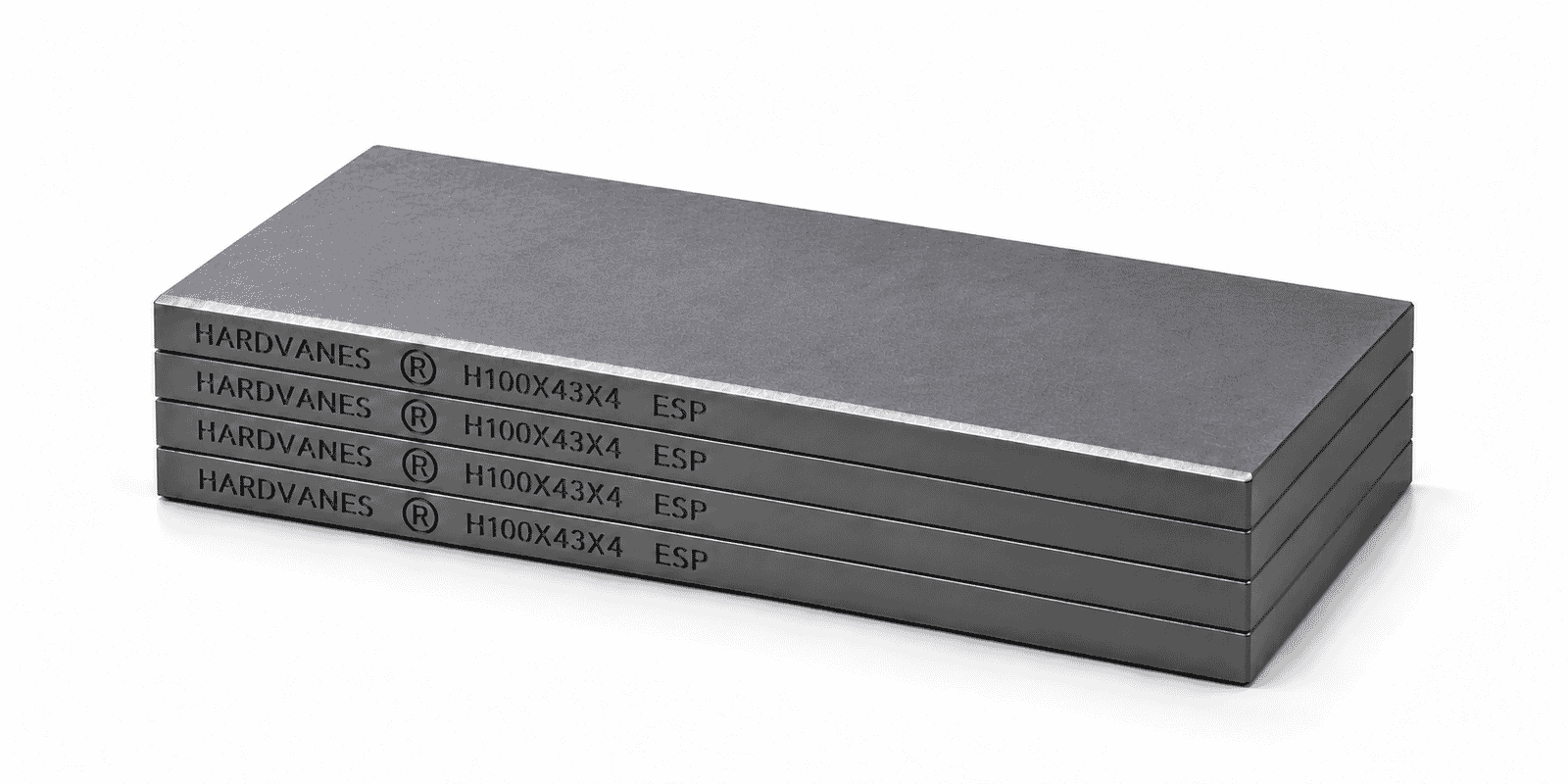 Kit de 4 paletas HARDVANES® de carbono-grafito, 100 × 43 × 4 mm por paleta, con grabado a la izquierda.