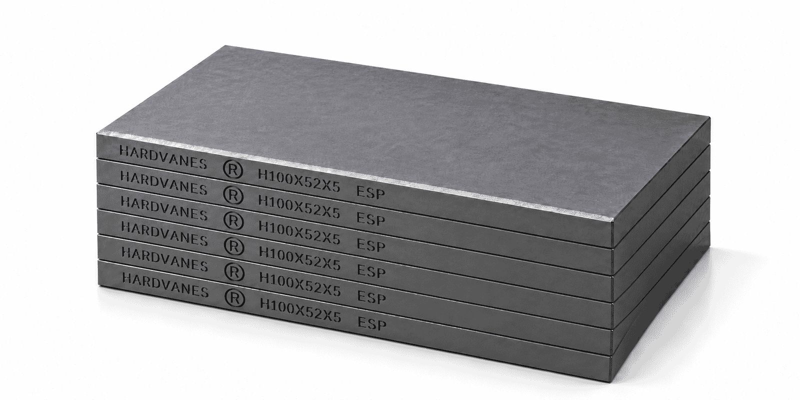 Kit de 6 paletas HARDVANES® de carbono-grafito de 100 × 52 × 5 mm con bisel y grabado H100X52X5 ESP a la izquierda
