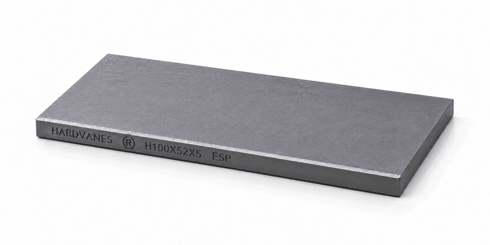 Paleta individual HARDVANES® de carbono-grafito de 100 × 52 × 5 mm con bisel y grabado H100X52X5 ESP a la izquierda