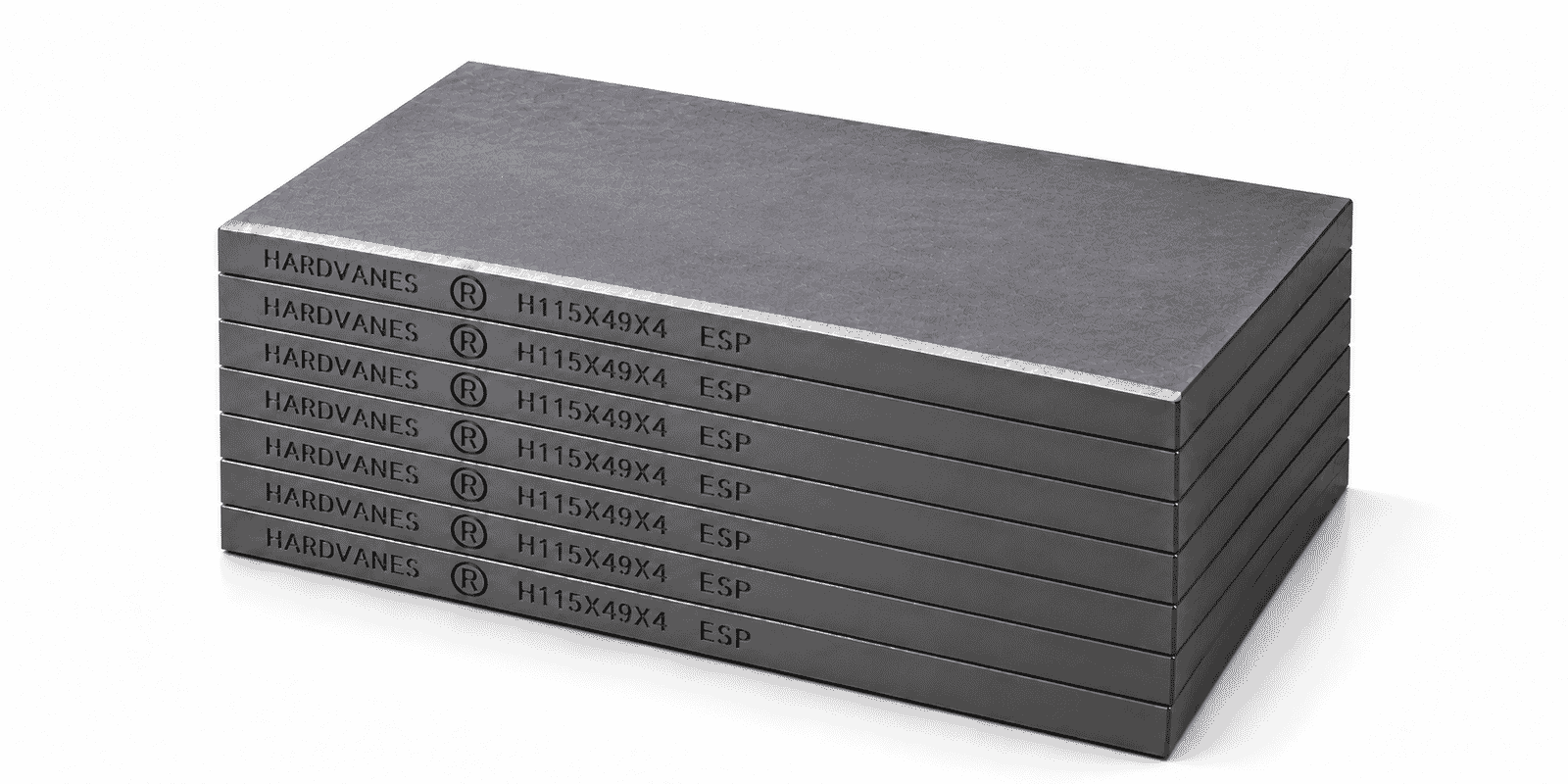 Kit de 7 paletas HARDVANES® de carbono-grafito, 115 × 49 × 4 mm por paleta, con grabado a la izquierda.