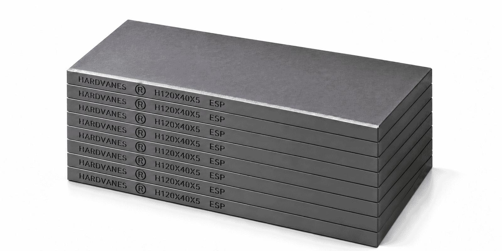 Kit de 8 paletas HARDVANES® de carbono-grafito, 120 × 40 × 5 mm por paleta, con grabado a la izquierda.