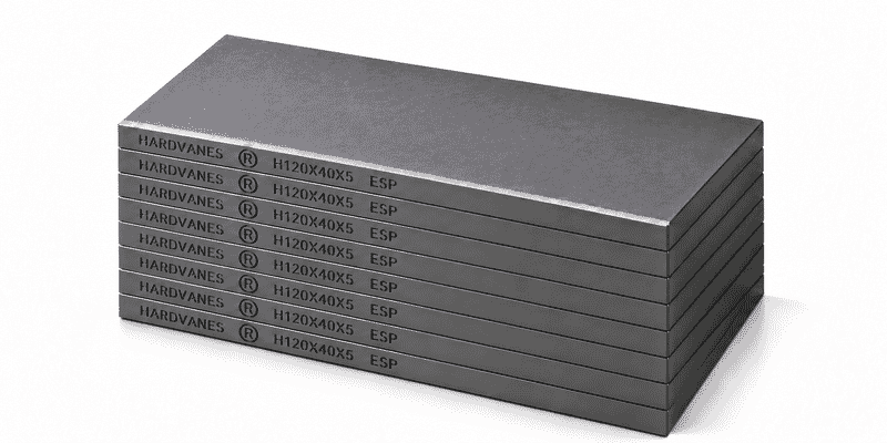 Kit de 8 paletas HARDVANES® de carbono-grafito, 120 × 40 × 5 mm por paleta, con grabado a la izquierda.