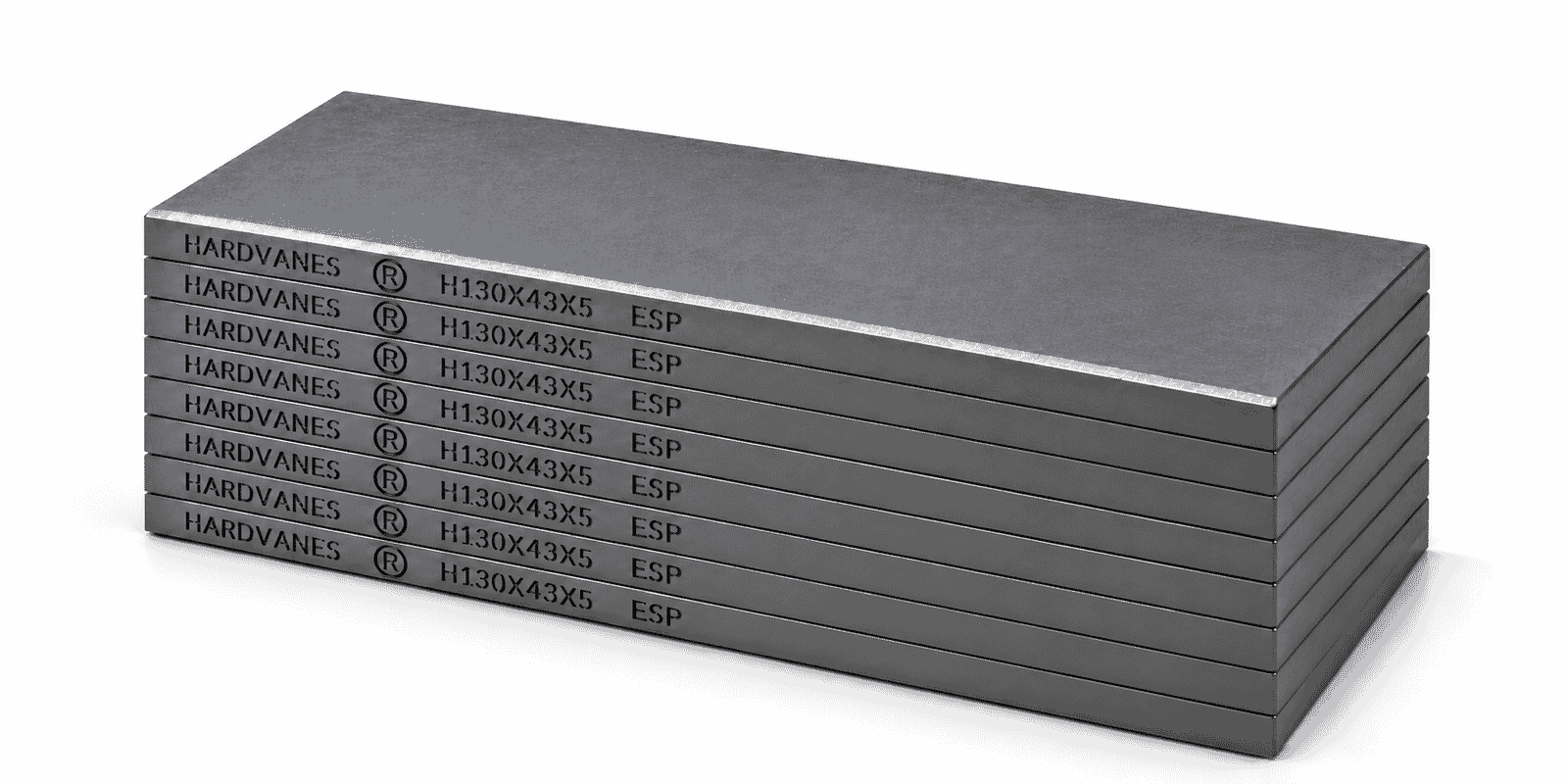 Kit de 8 paletas HARDVANES® de carbono-grafito, 130 × 43 × 5 mm por paleta, con grabado a la izquierda.
