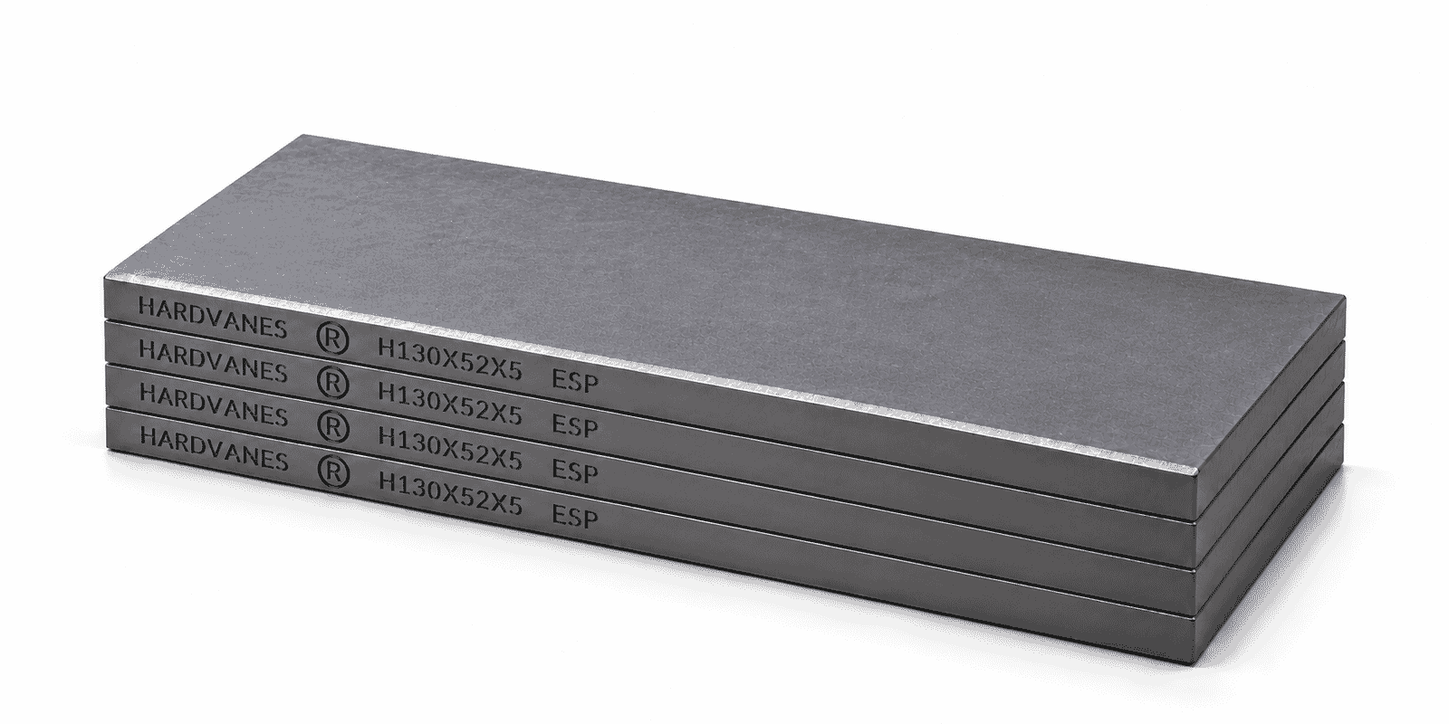 Kit de 4 paletas HARDVANES® de carbono-grafito, 130 × 52 × 5 mm por paleta, con grabado a la izquierda.