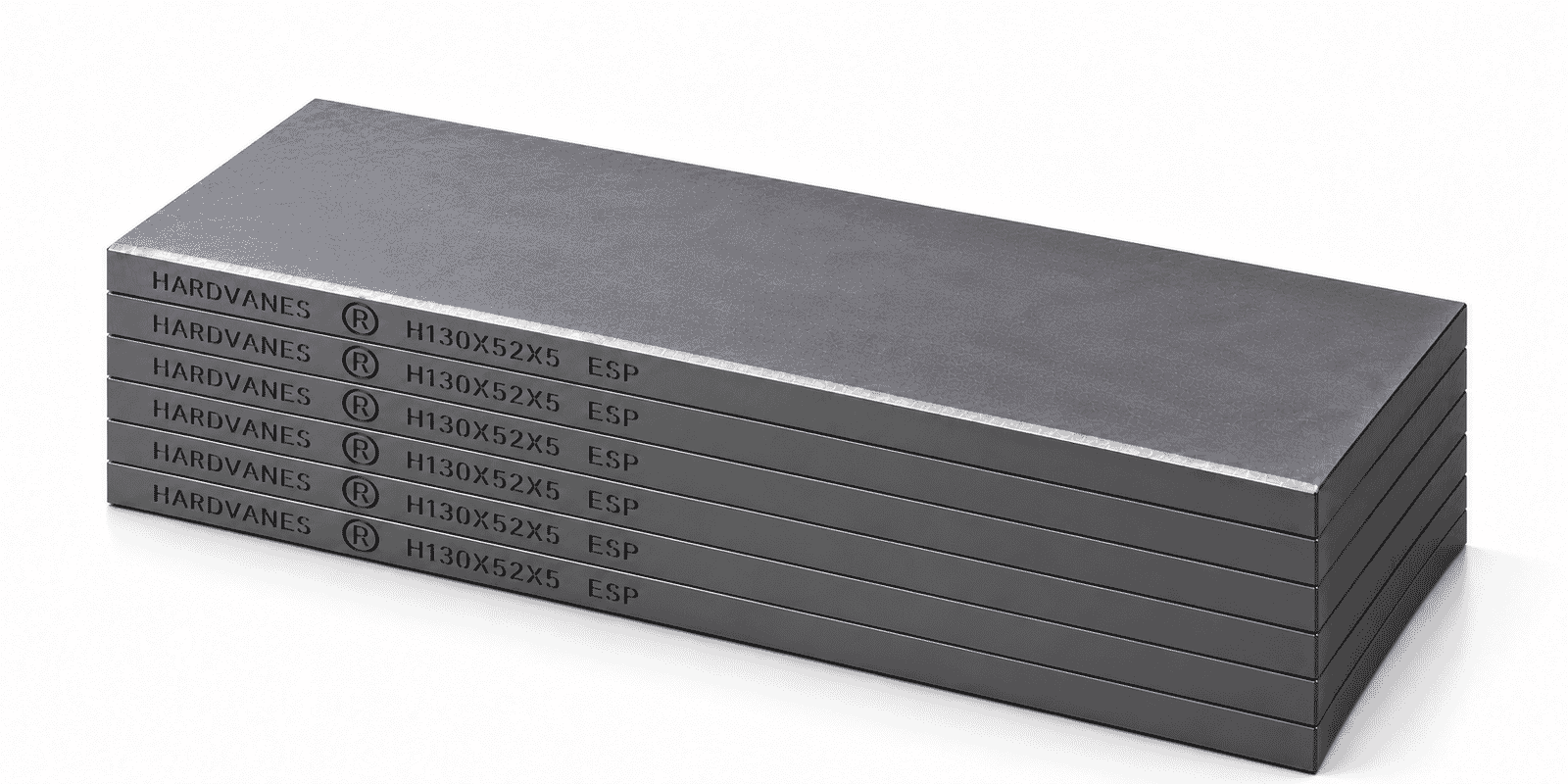 Kit de 6 paletas HARDVANES® de carbono-grafito de 130 × 52 × 5 mm con bisel y grabado H130X52X5 ESP a la izquierda