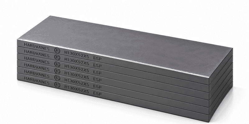 Kit de 6 paletas HARDVANES® de carbono-grafito de 130 × 52 × 5 mm con bisel y grabado H130X52X5 ESP a la izquierda