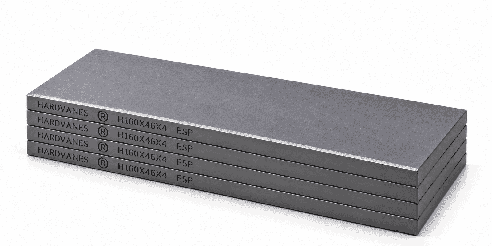 Kit de 4 paletas HARDVANES® de carbono-grafito, 160 × 46 × 4 mm por paleta, con grabado a la izquierda.
