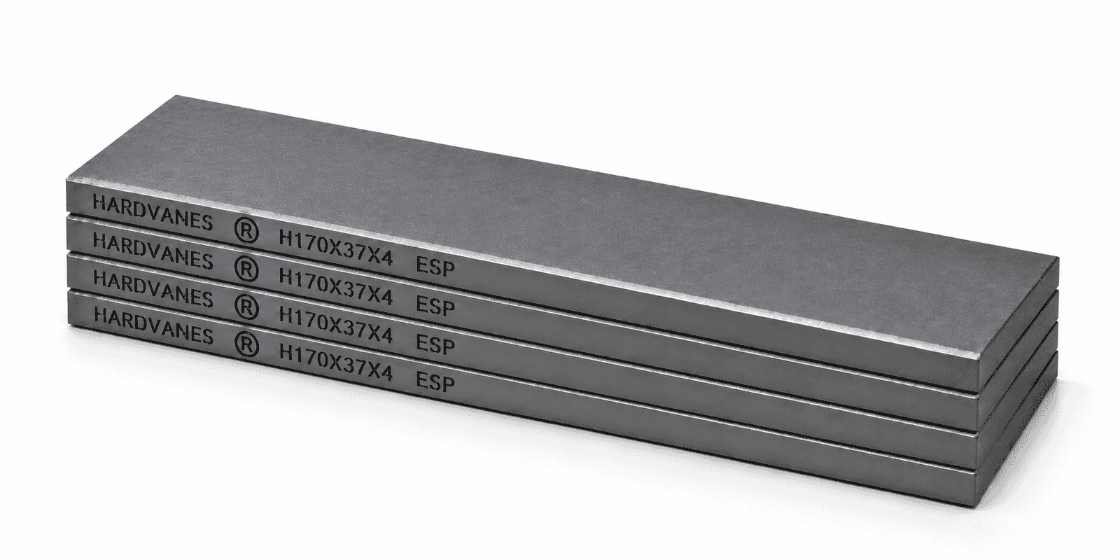 Kit de 4 paletas HARDVANES® de grafito especial, 170 × 37 × 4 mm por paleta, con grabado a la izquierda.