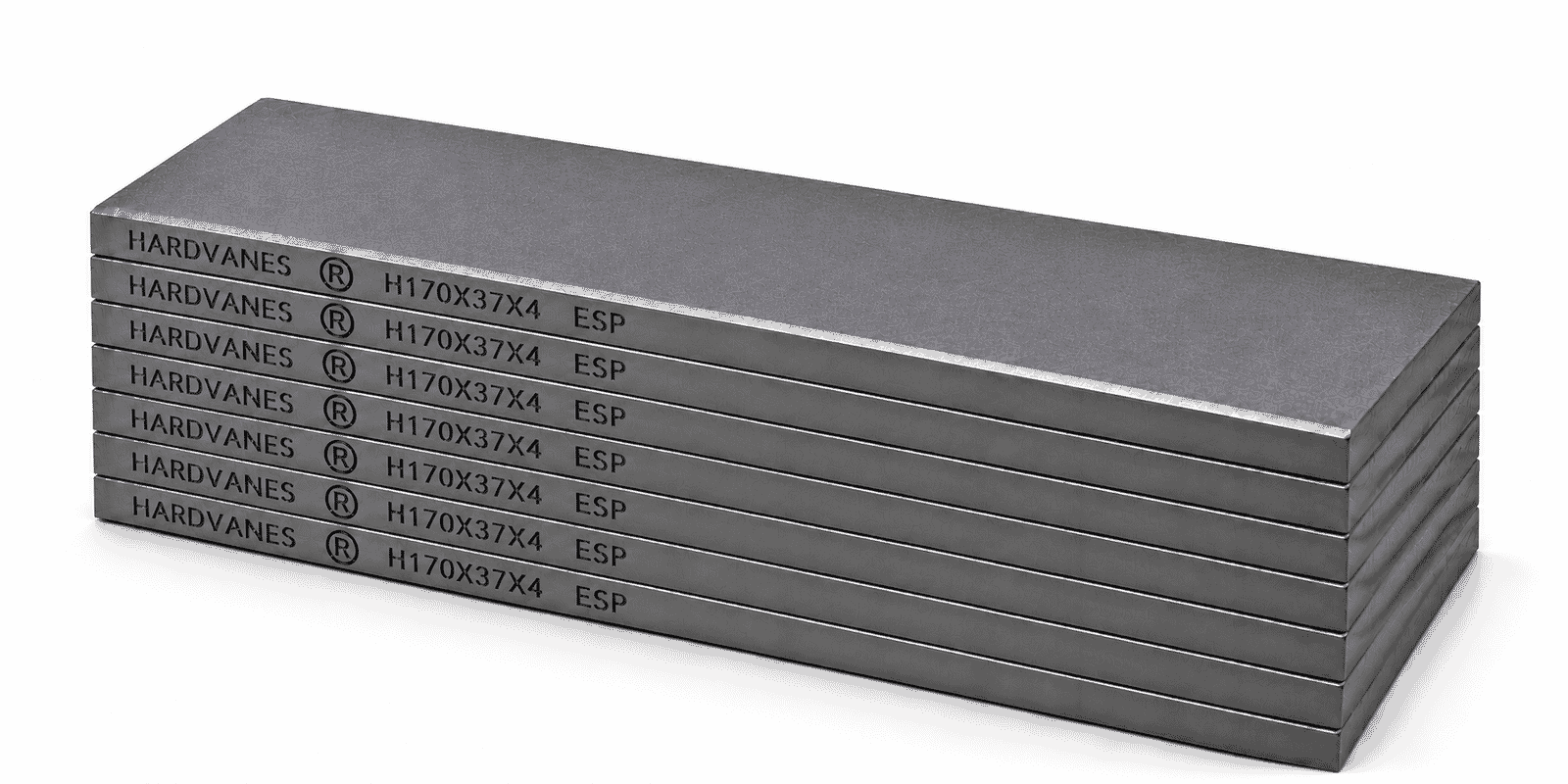 Kit de 7 paletas HARDVANES® de grafito especial, 170 × 37 × 4 mm por paleta, con grabado a la izquierda.