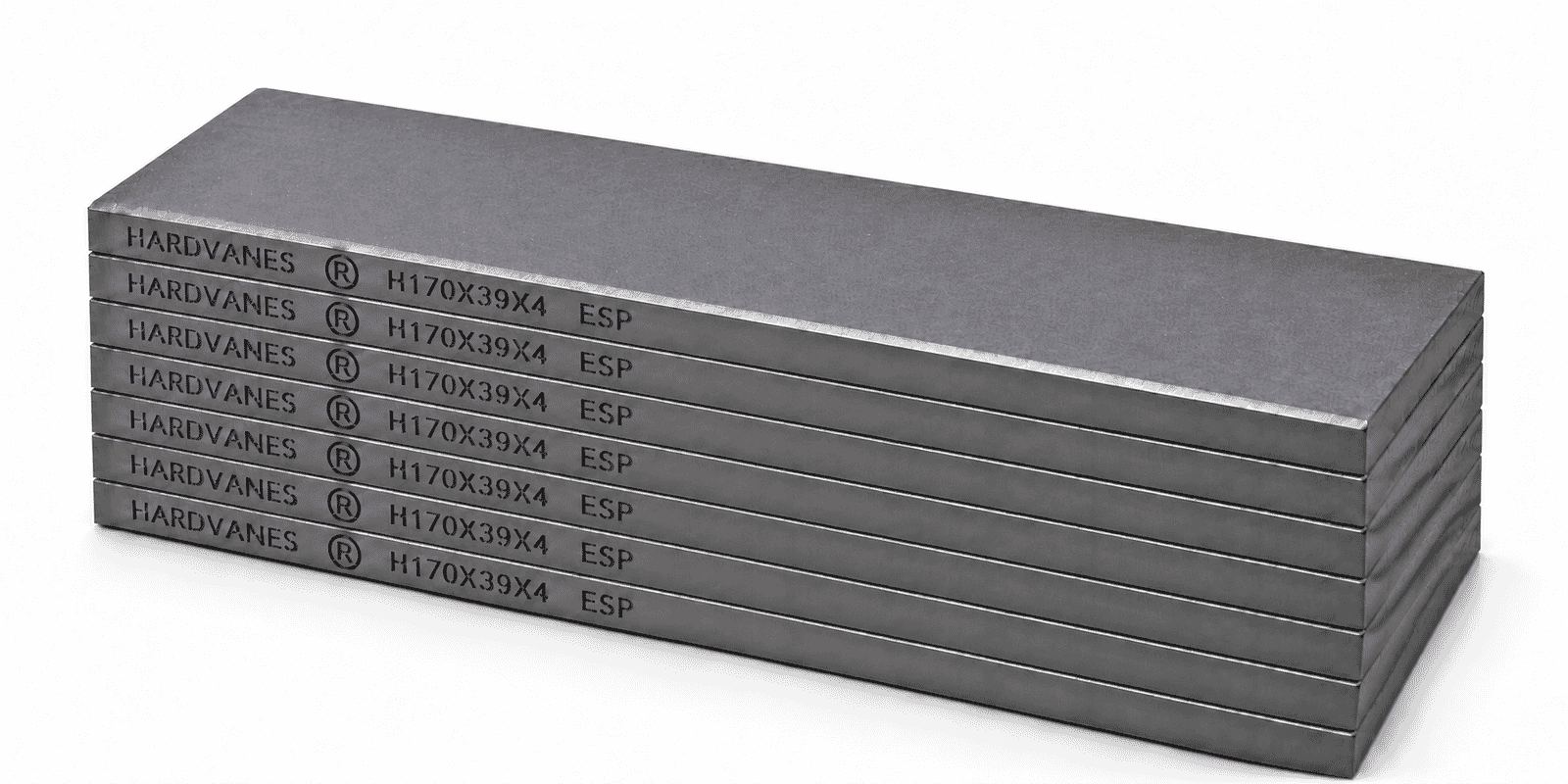 Kit de 7 paletas HARDVANES® de carbono-grafito de 170 × 39 × 4 mm con bisel y grabado H170X39X4 ESP a la izquierda