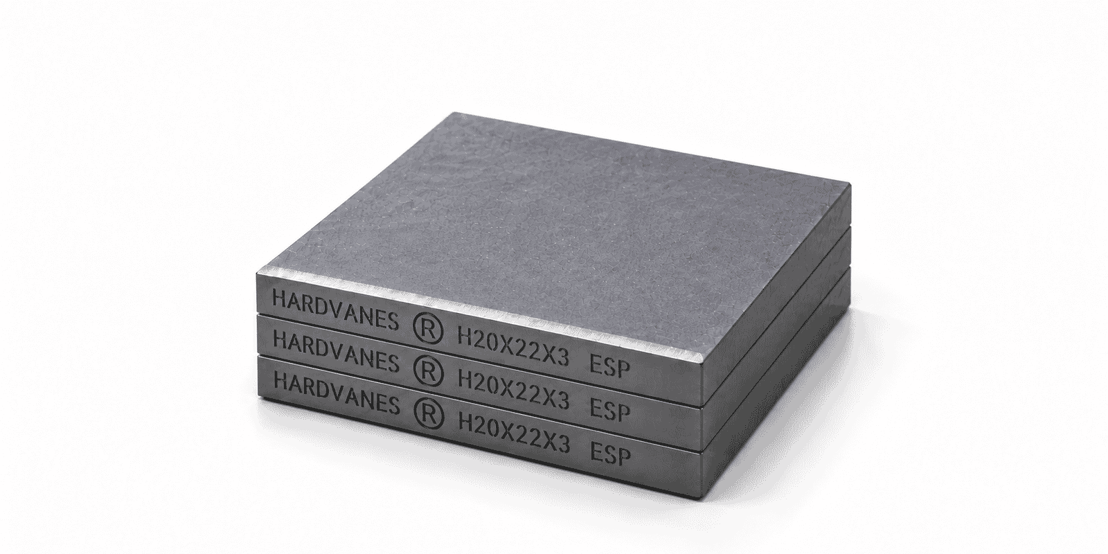 Kit de 3 paletas HARDVANES® de carbono-grafito, 20 × 22 × 3 mm por paleta, con grabado a la izquierda.