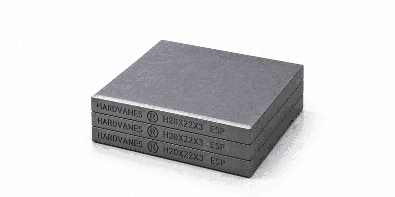 Kit de 3 paletas HARDVANES® de carbono-grafito, 20 × 22 × 3 mm por paleta, con grabado a la izquierda.