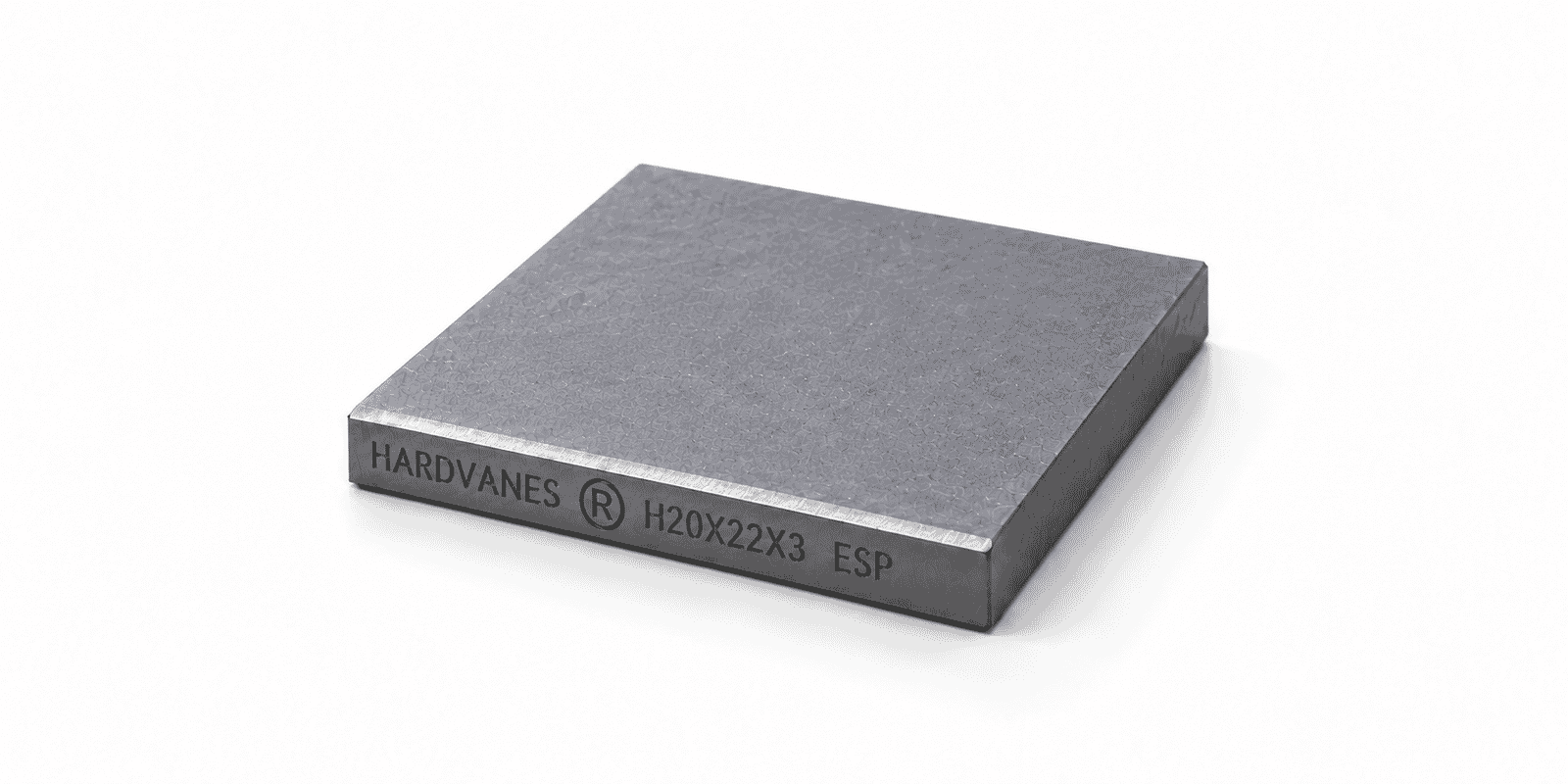 Paleta individual HARDVANES® de carbono-grafito, 20 × 22 × 3 mm por paleta, con grabado a la izquierda.