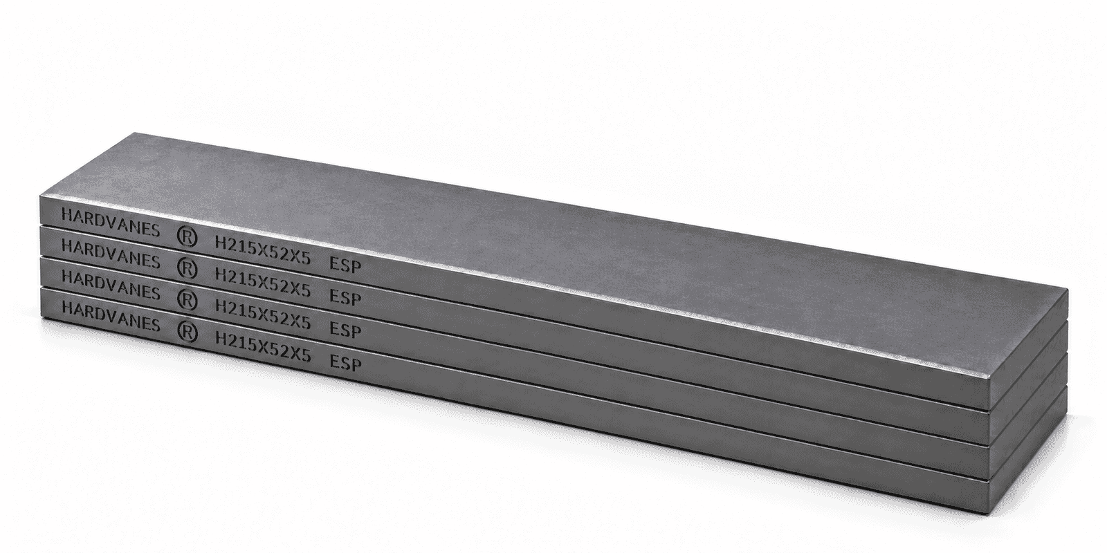 Kit de 4 paletas HARDVANES® de carbono-grafito, 215 × 52 × 5 mm por paleta, con grabado a la izquierda.