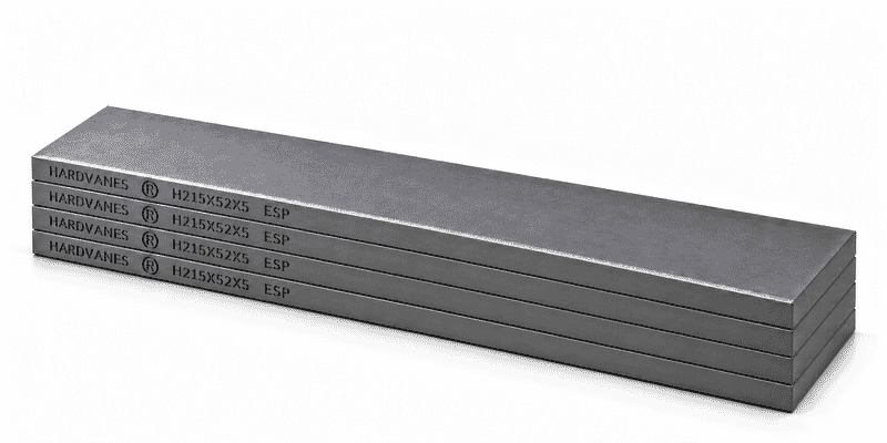 Kit de 4 paletas HARDVANES® de carbono-grafito, 215 × 52 × 5 mm por paleta, con grabado a la izquierda.