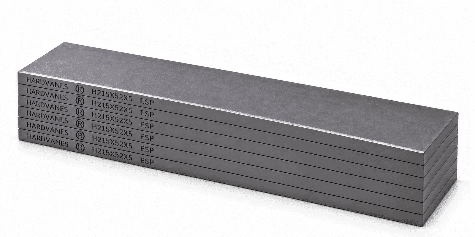Kit de 6 paletas HARDVANES® de carbono-grafito, 215 × 52 × 5 mm por paleta, con grabado a la izquierda.