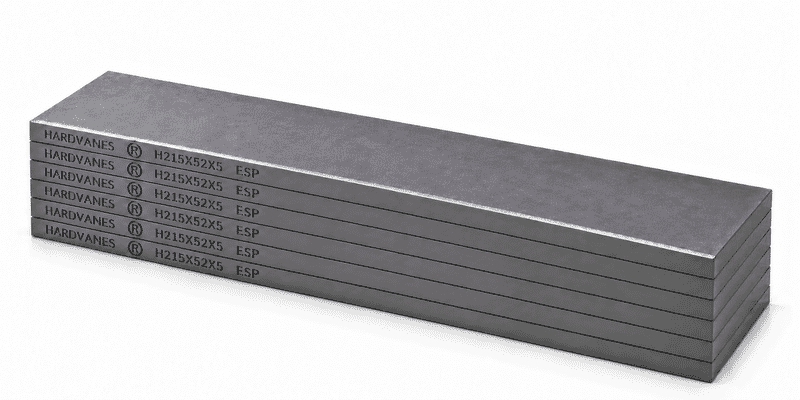 Kit de 6 paletas HARDVANES® de carbono-grafito, 215 × 52 × 5 mm por paleta, con grabado a la izquierda.