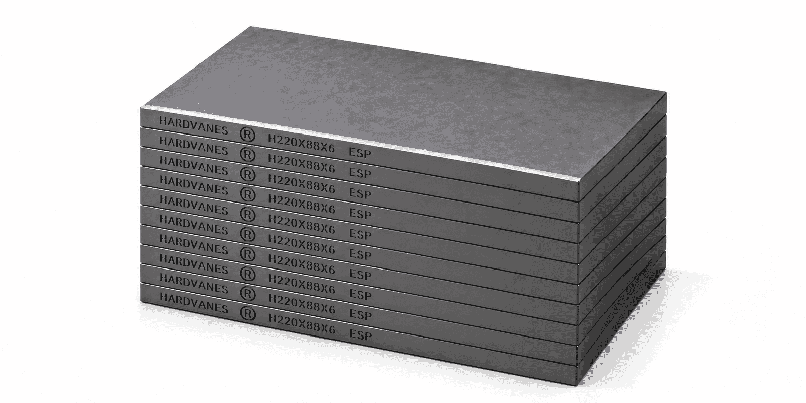 Kit de 10 paletas HARDVANES® de carbono-grafito de 220 × 88 × 6 mm con bisel y grabado H220X88X6 ESP a la izquierda