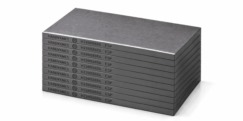 Kit de 10 paletas HARDVANES® de carbono-grafito de 220 × 88 × 6 mm con bisel y grabado H220X88X6 ESP a la izquierda