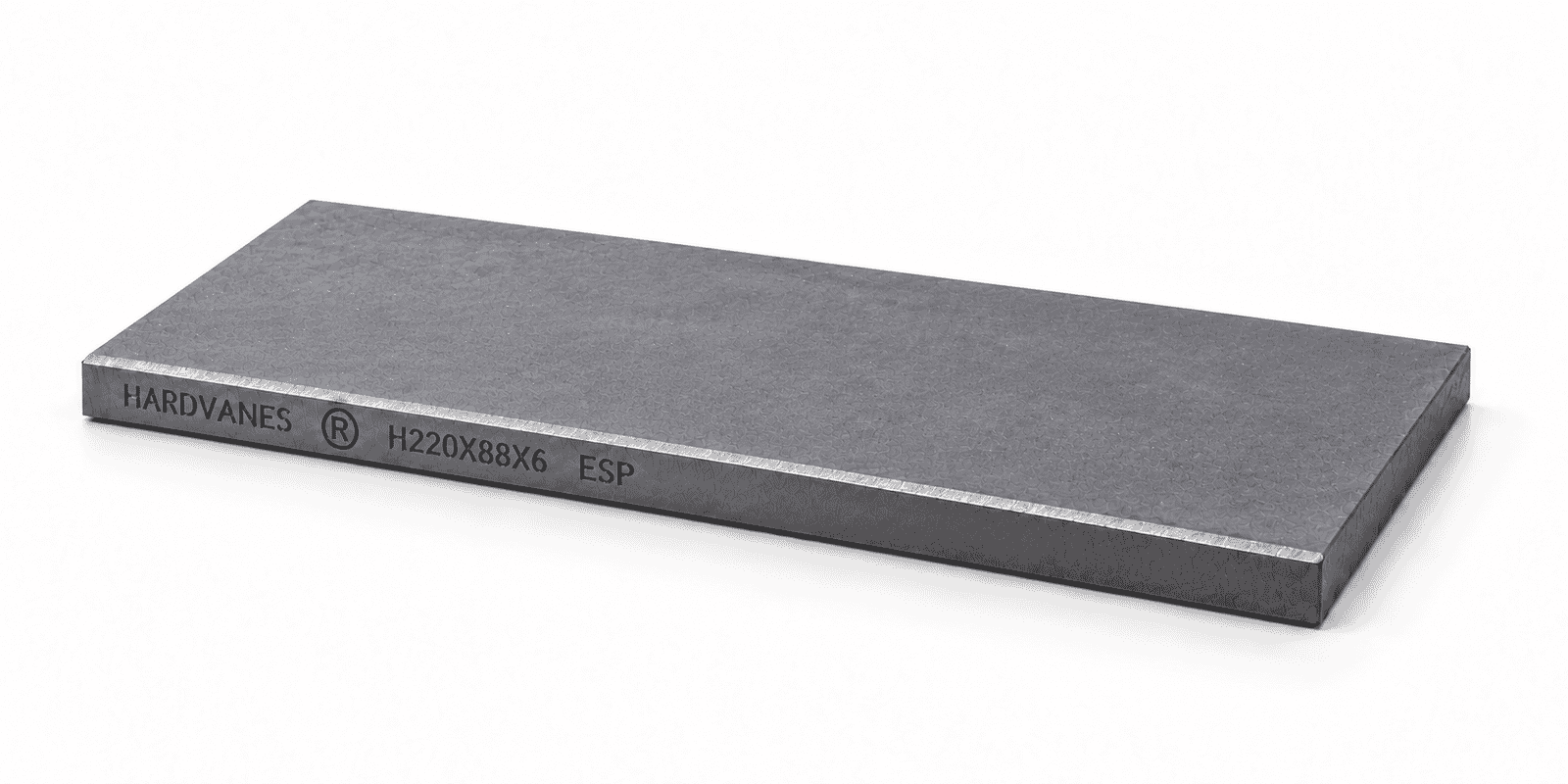 Paleta individual HARDVANES® de carbono-grafito de 220 × 88 × 6 mm con bisel y grabado H220X88X6 ESP a la izquierda