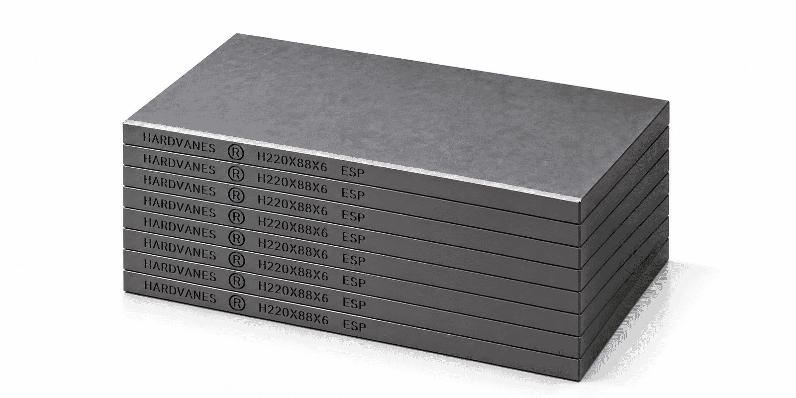Kit de 8 paletas HARDVANES® de carbono-grafito, 220 × 88 × 6 mm por paleta, con grabado a la izquierda.