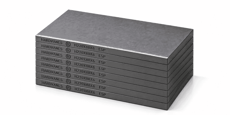 Kit de 8 paletas HARDVANES® de carbono-grafito, 220 × 88 × 6 mm por paleta, con grabado a la izquierda.