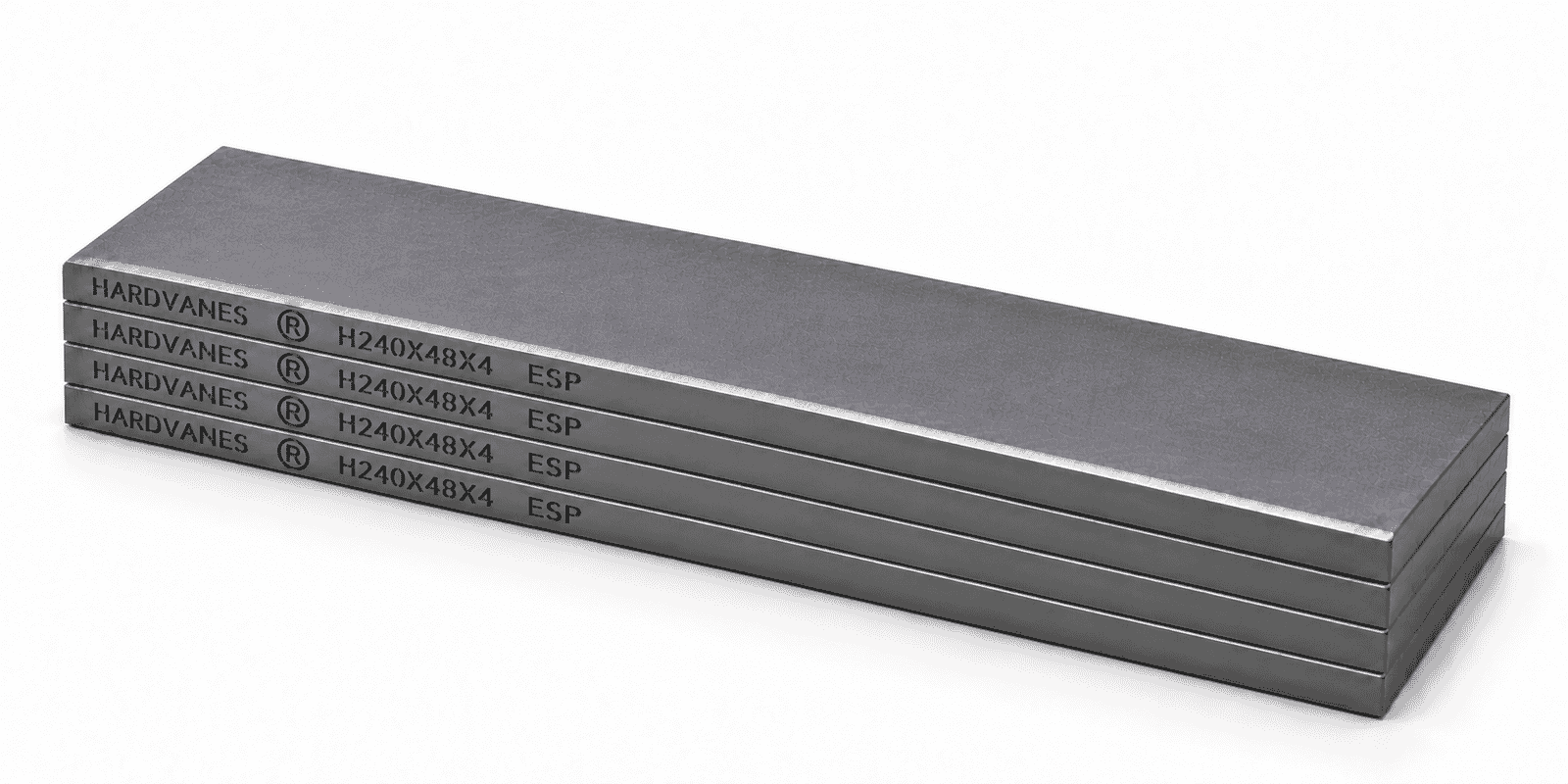 Kit de 4 paletas HARDVANES® de carbono-grafito de 240 × 48 × 4 mm con bisel y grabado H240X48X4 ESP a la izquierda
