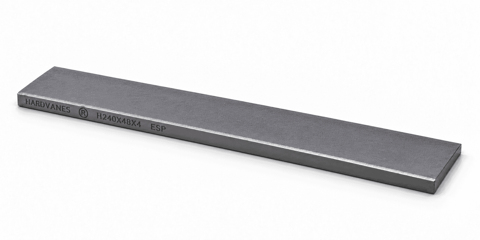Paleta individual HARDVANES® de carbono-grafito, 240 × 48 × 4 mm por paleta, con grabado a la izquierda.