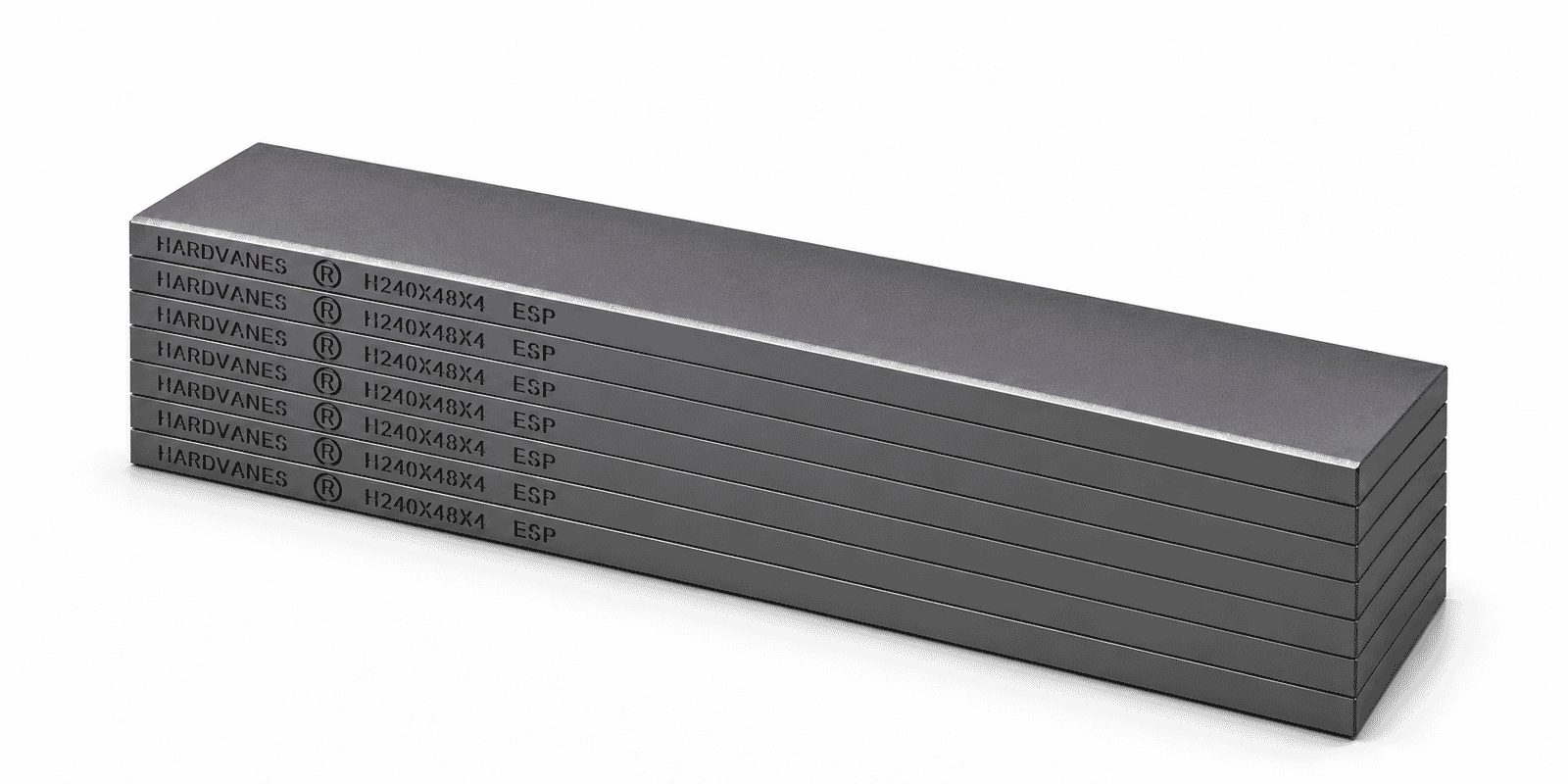 Kit de 7 paletas HARDVANES® de carbono-grafito, 240 × 48 × 4 mm por paleta, con grabado a la izquierda.