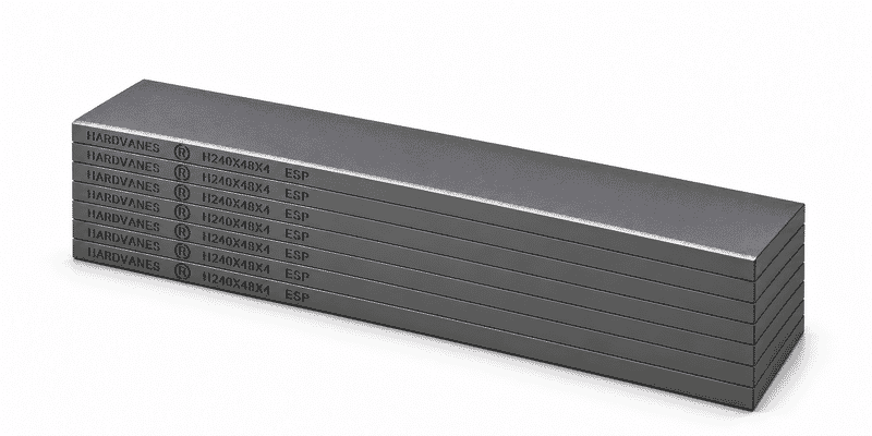Kit de 7 paletas HARDVANES® de carbono-grafito, 240 × 48 × 4 mm por paleta, con grabado a la izquierda.