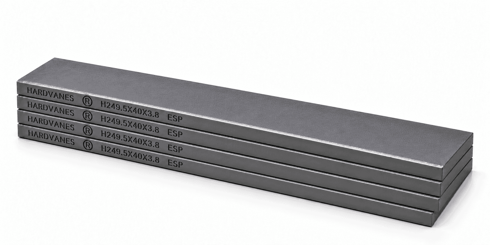 Kit de 4 paletas HARDVANES® de carbono-grafito, 249.5 × 40 × 3.8 mm por paleta, con grabado a la izquierda.