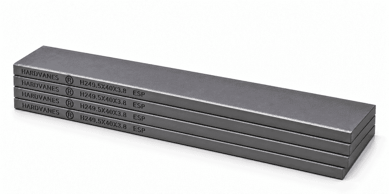 Kit de 4 paletas HARDVANES® de carbono-grafito, 249.5 × 40 × 3.8 mm por paleta, con grabado a la izquierda.