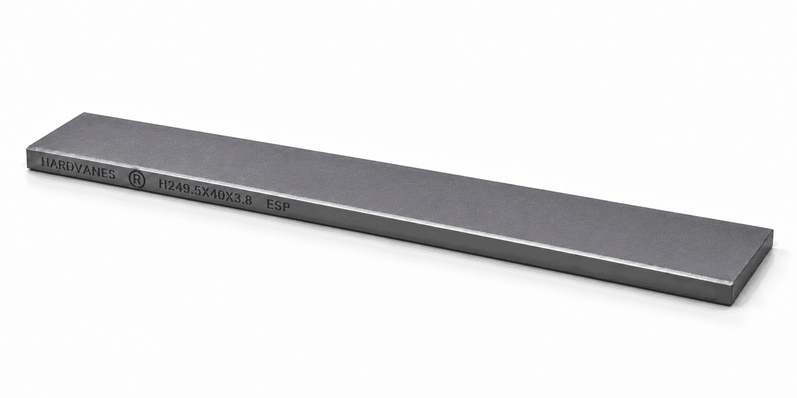 Paleta individual HARDVANES® de carbono-grafito, 249.5 × 40 × 3.8 mm por paleta, con grabado a la izquierda.