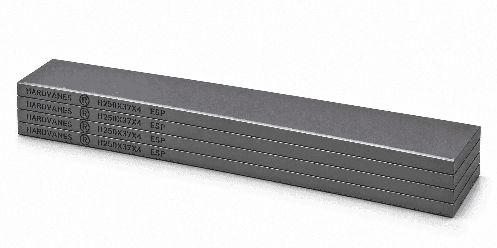 Kit de 4 paletas HARDVANES® de grafito especial, 250 × 37 × 4 mm por paleta, con grabado a la izquierda.