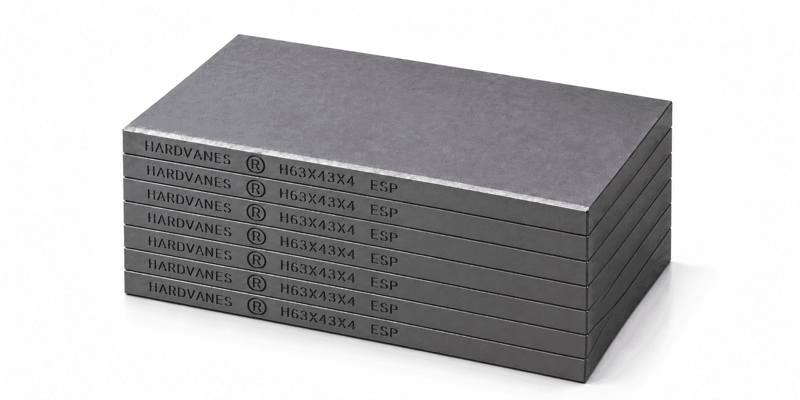 Kit HARDVANES® H63434/7 de siete paletas de 63 × 43 × 4 mm alineadas, con bisel y grabado H63X43X4 ESP a la izquierda en cada pieza