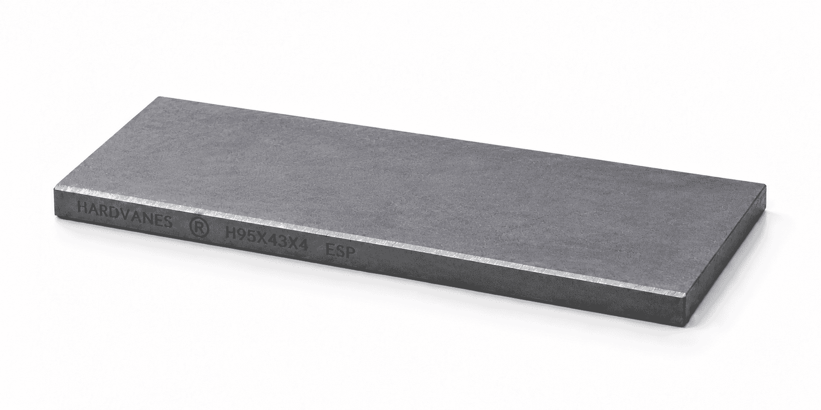 HARDVANES® H95434/7 — Paleta individual 95 × 43 × 4 mm Paleta individual HARDVANES® de carbono-grafito de 95 × 43 × 4 mm, con bisel y grabado H95X43X4 ESP situado a la izquierda del canto